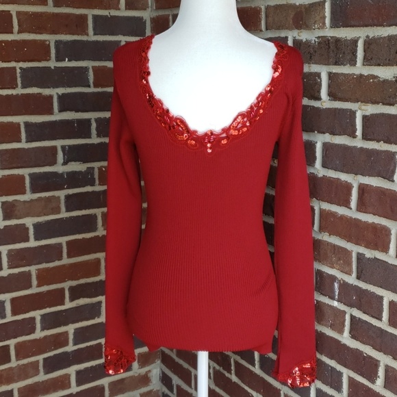 🔥 SEXY 🔥 Red Ribbed Long Sleeve Top with Sequins - Picture 5 of 8
